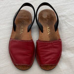 Prada Red Leather Slingback Sandals with Black Straps